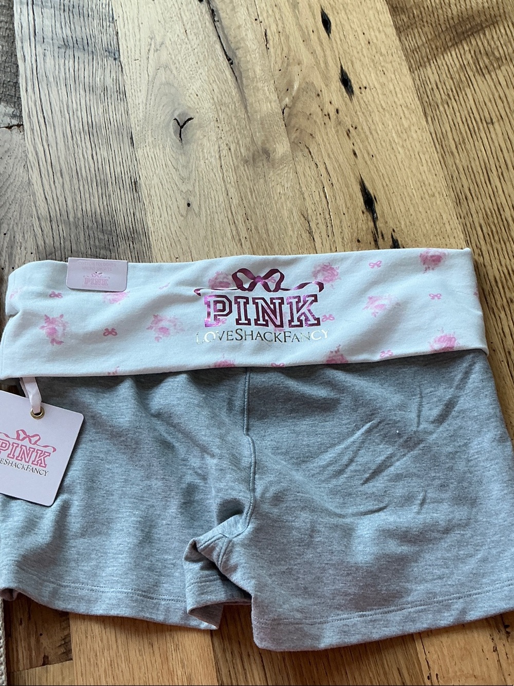LoveShackFancy PINK Gray Shorts with Pink Foldover Waist